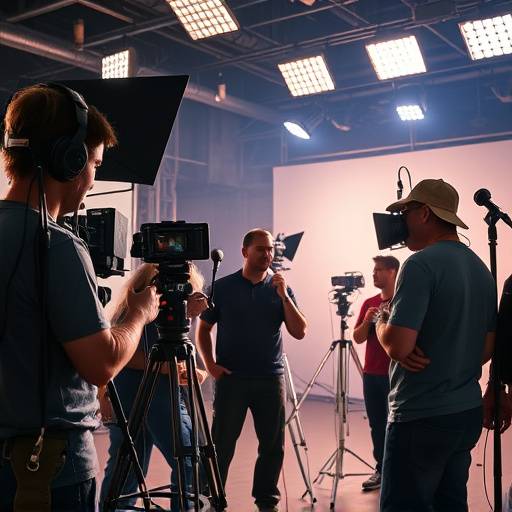Une √©quipe de production travaillant sur un plateau de tournage, gestion de l'√©quipement et de la logistique.